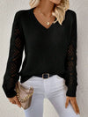 Solid V-neck Pullover Sweater With Hollow Long Sleeve Fashio