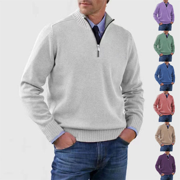 Men's Stand Collar Zipper Sweater Winter Fashion Solid Color