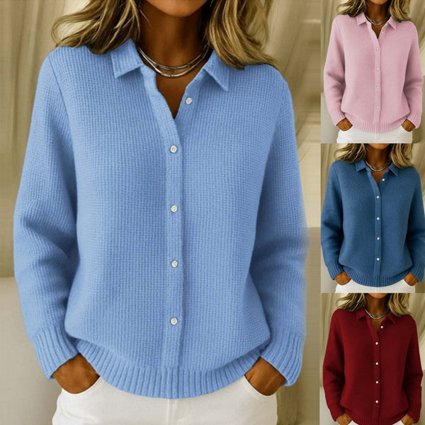 Casual Fashion Button Knitted Lapel Sweater For Women Long S