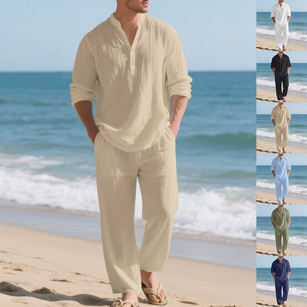 Mens Loose-Fit Long-sleeved Suit Casual Breathable V-Neck He