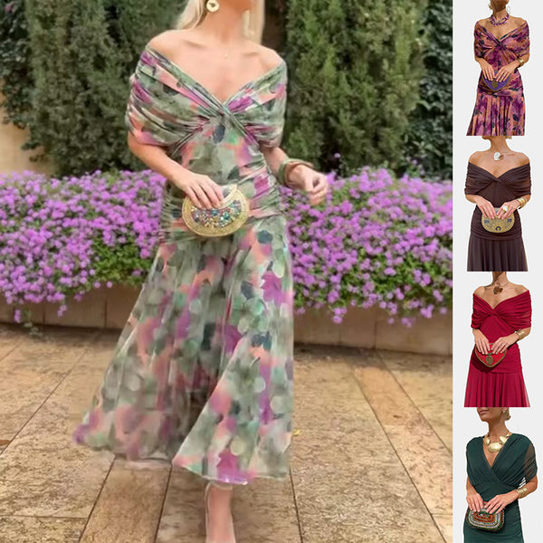 Chiffon Short-sleeved Dress Summer Fashion Print V-neck Long