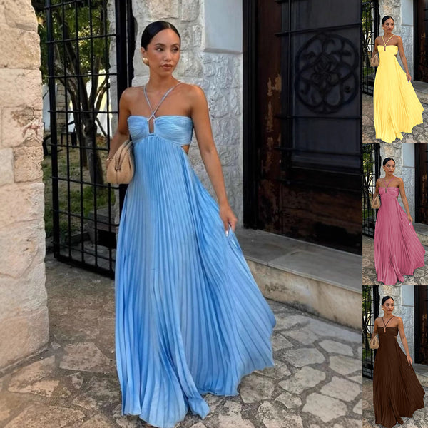 Ins Pleated Sleeveless Sling Dress Hollow High Waist Halter