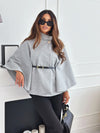 New Stand Collar Batwing Sleeves Cloak Top With Belt Ins Fas