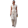 Beige Elegant Sleeveless Waist-Cinching Suit Set | Buy Onlin
