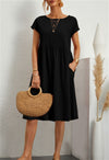 Summer Short-sleeved Dress With Pockets Fashion Solid Round