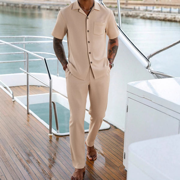 Mens Solid-Colored Lapel Casual Shirt And Pants Set | Buy On