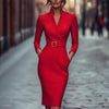 Slim-fitting Casual Suit Dress V-neck Long-sleeved Dresses C