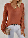 Solid V-neck Pullover Sweater With Hollow Long Sleeve Fashio