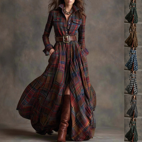 Ins Plaid Print Long-Sleeved Dress Fashion Pockets Collared