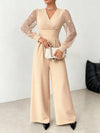 V Neck Defined Waist Sexy Mesh Patchwork Straight Suit For W