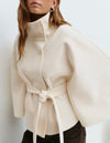 Winter High Neck Batwing Sleeve Coat With Belt Fashion Loose