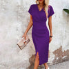 Slim-fit Short-sleeved Dress Fashion Sexy Split V-neck Dress