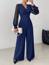 V Neck Defined Waist Sexy Mesh Patchwork Straight Suit For W