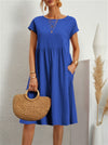 Summer Short-sleeved Dress With Pockets Fashion Solid Round
