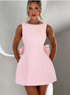 Fashion Big-Bowed Pearls Backless Dress Summer Slim Sleevele