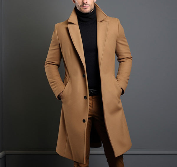 Men's Mid-length Trench Coat Fall Winter Slim Pockets Single