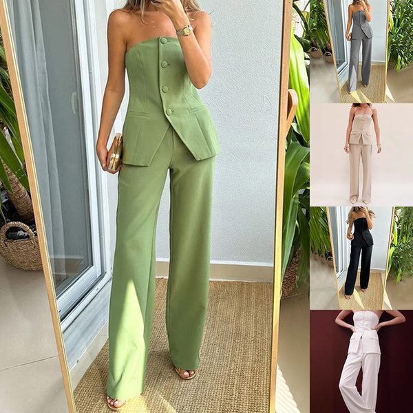 Graceful Tube Top Suit Fashion Button Sleeveless Top And Str