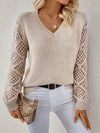 Solid V-neck Pullover Sweater With Hollow Long Sleeve Fashio
