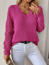 Solid V-neck Pullover Sweater With Hollow Long Sleeve Fashio