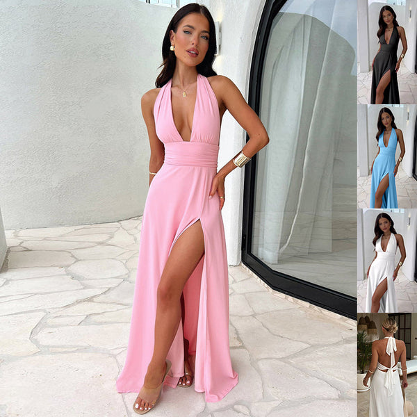 Sexy Halterneck V-neck Slit Dress Summer Backless Strappy Sk