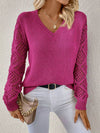 Solid V-neck Pullover Sweater With Hollow Long Sleeve Fashio