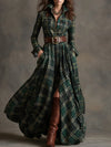 Ins Plaid Print Long-Sleeved Dress Fashion Pockets Collared
