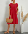 Summer Short-sleeved Dress With Pockets Fashion Solid Round