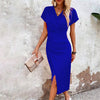 Slim-fit Short-sleeved Dress Fashion Sexy Split V-neck Dress