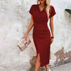 Slim-fit Short-sleeved Dress Fashion Sexy Split V-neck Dress