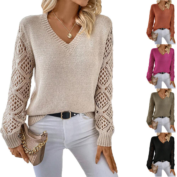 Solid V-neck Pullover Sweater With Hollow Long Sleeve Fashio