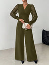 V Neck Defined Waist Sexy Mesh Patchwork Straight Suit For W