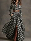 Ins Plaid Print Long-Sleeved Dress Fashion Pockets Collared