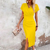 Slim-fit Short-sleeved Dress Fashion Sexy Split V-neck Dress