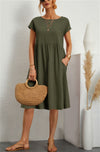 Summer Short-sleeved Dress With Pockets Fashion Solid Round