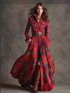 Ins Plaid Print Long-Sleeved Dress Fashion Pockets Collared