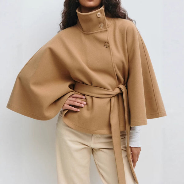 Winter High Neck Batwing Sleeve Coat With Belt Fashion Loose