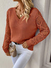Solid V-neck Pullover Sweater With Hollow Long Sleeve Fashio