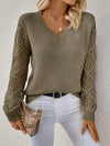 Solid V-neck Pullover Sweater With Hollow Long Sleeve Fashio