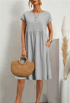 Summer Short-sleeved Dress With Pockets Fashion Solid Round