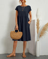 Summer Short-sleeved Dress With Pockets Fashion Solid Round