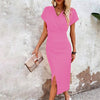 Slim-fit Short-sleeved Dress Fashion Sexy Split V-neck Dress