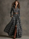 Ins Plaid Print Long-Sleeved Dress Fashion Pockets Collared