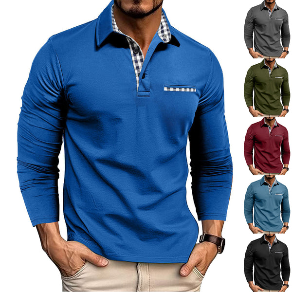 Casual Plaid Splicing Lapel Polo Shirt Fashion Solid Color L