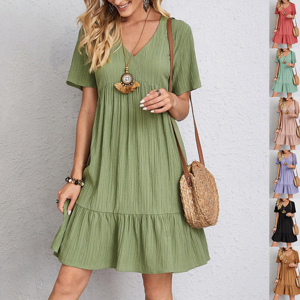 V-neck Short Sleeve Dress Summer Fashion Casual Loose Ruffle