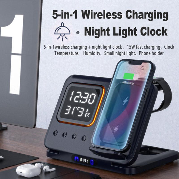 15W Wireless Chargers Stand 5 In1 LED Digital Alarm Clock Fa