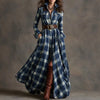 Ins Plaid Print Long-Sleeved Dress Fashion Pockets Collared