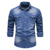 Men's Long-sleeved Denim Shirt Casual Solid Button Slim Tops