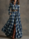 Ins Plaid Print Long-Sleeved Dress Fashion Pockets Collared