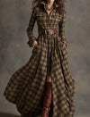 Ins Plaid Print Long-Sleeved Dress Fashion Pockets Collared