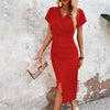 Slim-fit Short-sleeved Dress Fashion Sexy Split V-neck Dress